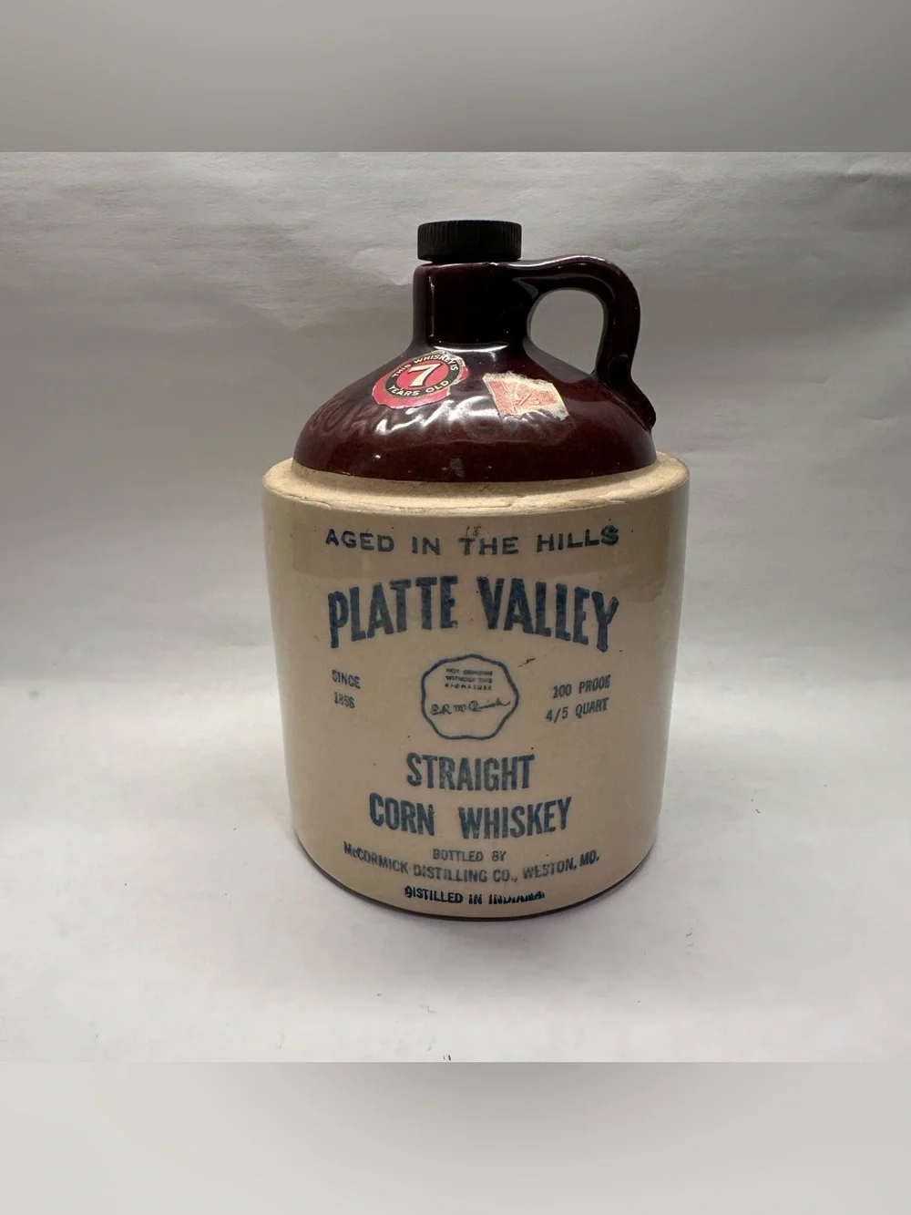 1953 McCormick Platte Valley Straight Corn Whiskey Jug 11-D16 4/5 Quart Empty